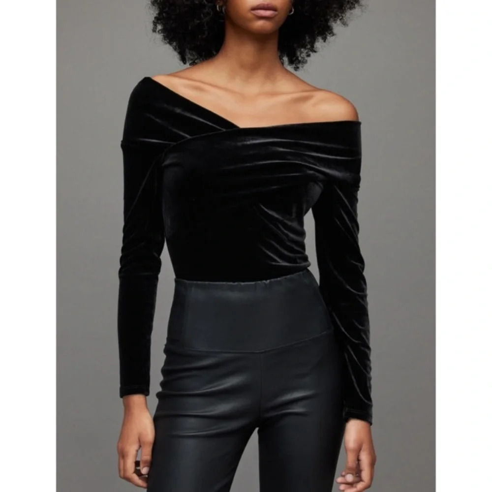 AllSaints Black Velvet Off-Shoulder Long-Sleeve Top